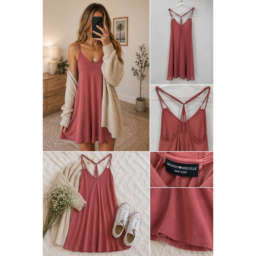 Brandy Melville Dusty Rose Strappy Swing Dress Flowy One Size